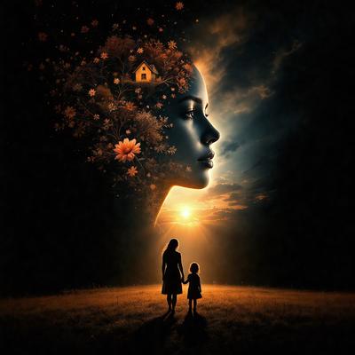 The primary subject of the image is a woman and a child walking together in a field. The setting is a grassy area with a sky background, creating a serene and natural atmosphere. The visual style is a combination of photo and digital art, giving the image a unique and artistic appearance. The colors are predominantly earthy tones, such as green, brown, and yellow, which contribute to the overall mood of the scene.